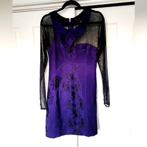 BCBGMaxazria Luxury Purple Jaquard Women's Mini Dress Mesh Sleeve Assym Medium